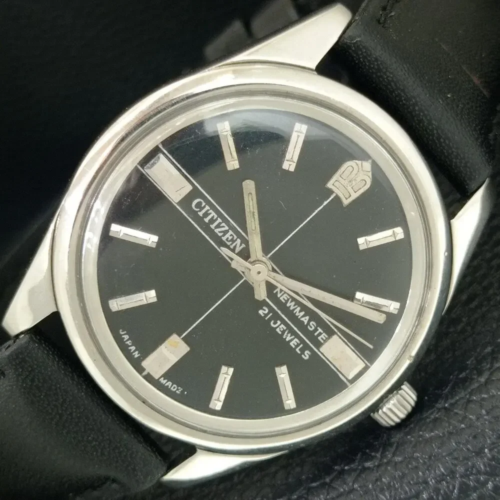Vintage 1974 Citizen Manual Wound Mens Silver Watch & Black accents